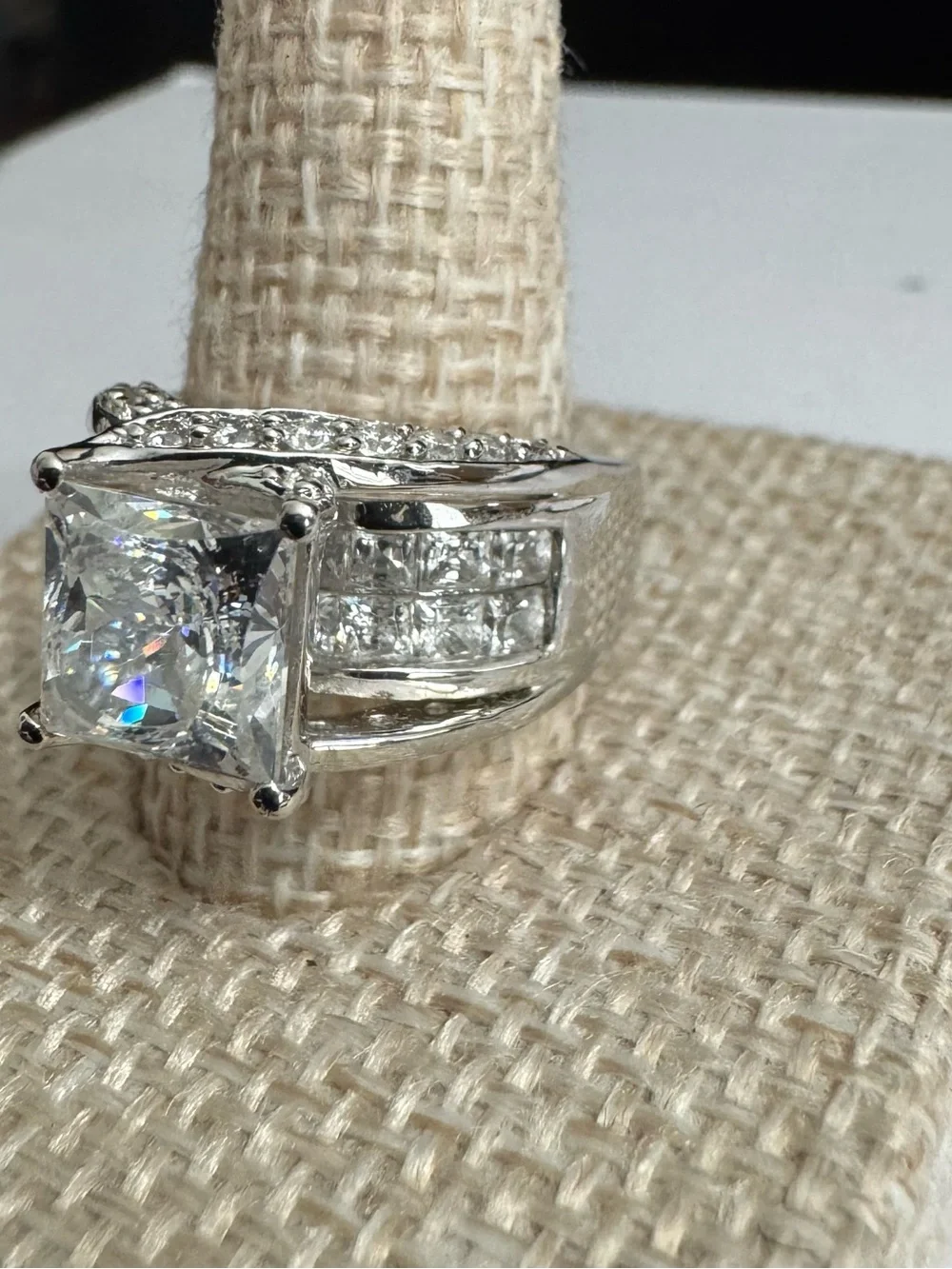 925 Silver Ring w/Large Square Cut Center CZ & sizzling CZ accents- A Statement!